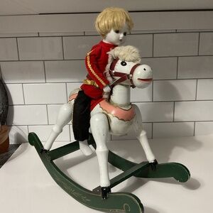 VTG Enesco 1981 Vintage Porcelain Boy Soldier Doll Musical Wooden Rocking Horse